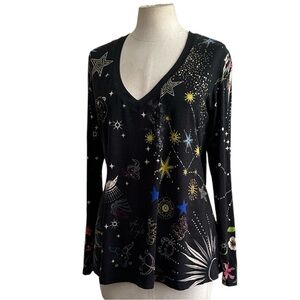 Black Celestial Print V-Neck Women's Top